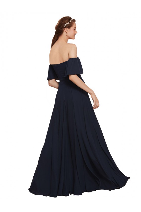 Azul marina oscuro línea A Hombros Descubiertos Gasa Largo Vestidos de dama de honor / Vestidos de fiesta Fábrica