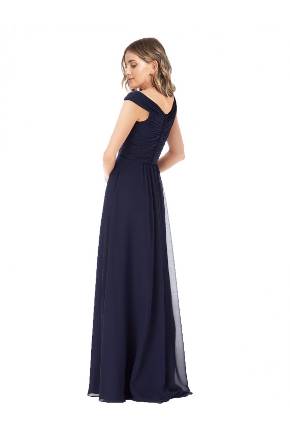Azul marina oscuro línea A Hombros Descubiertos Gasa Largo Vestidos de dama de honor Fábrica