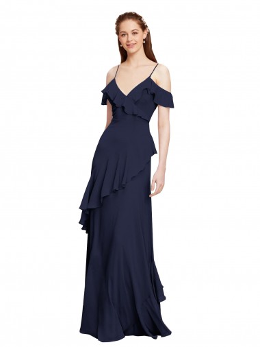 Azul marina oscuro línea A Hombros Descubiertos Tirantes espagueti Gasa Largo Vestidos de dama de honor Fábrica