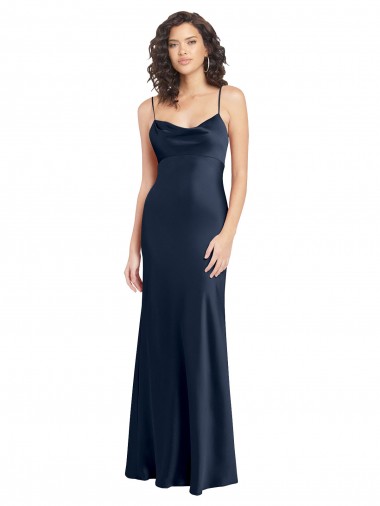 Azul marina oscuro línea A Satén elástico Largo Formales Vestidos de dama de honor / Vestidos de fiesta Fábrica