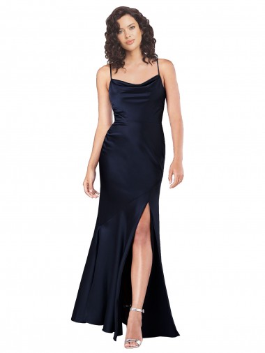 Azul marina oscuro línea A Satén sedoso Largo Formales Vestidos de dama de honor / Vestidos de fiesta Fábrica