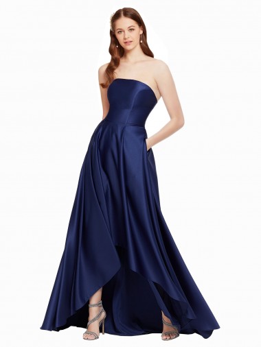 Azul marina oscuro línea A Sin tirantes Satén Largo Asimétrico Formales Vestidos de dama de honor / Vestidos de fiesta Fábrica