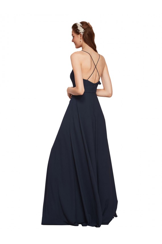 Azul marina oscuro línea A Tirantes espagueti Cuello en V Gasa Largo Vestidos de dama de honor Fábrica