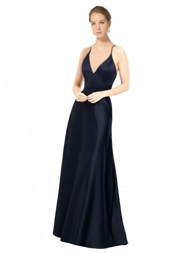 Azul marina oscuro línea A Tirantes espagueti Cuello en V Satén Largo Vestidos de dama de honor / Vestidos de fiesta Fábrica