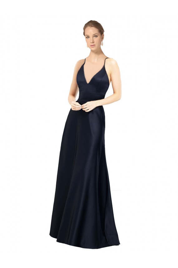 Azul marina oscuro línea A Tirantes espagueti Cuello en V Satén Largo Vestidos de dama de honor / Vestidos de fiesta Fábrica