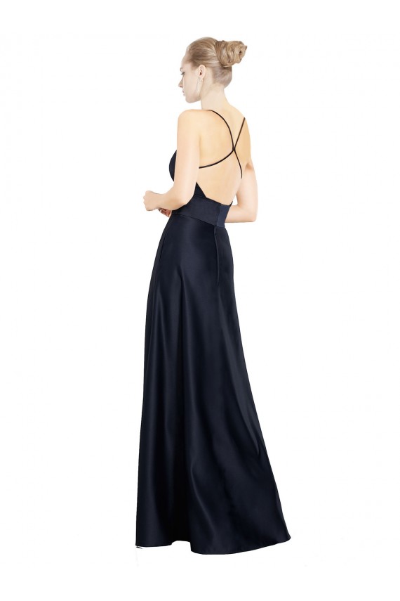 Azul marina oscuro línea A Tirantes espagueti Cuello en V Satén Largo Vestidos de dama de honor / Vestidos de fiesta Fábrica