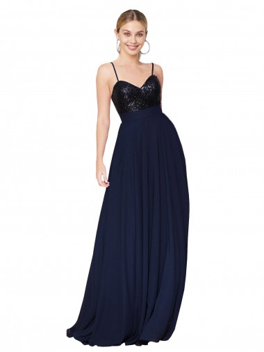 Azul marina oscuro línea A Tirantes espagueti Gasa Lentejuela Largo Vestidos de dama de honor / Vestidos de fiesta Fábrica