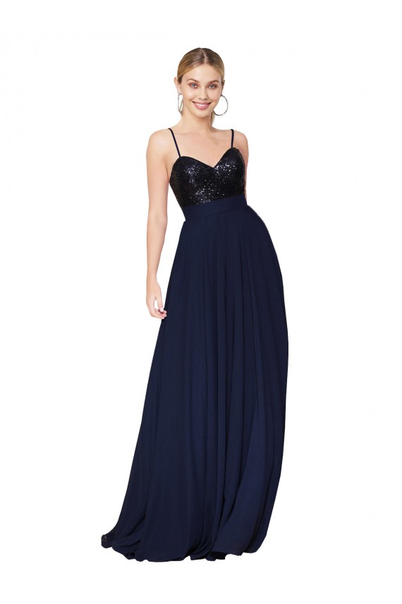 Azul marina oscuro línea A Tirantes espagueti Gasa Lentejuela Largo Vestidos de dama de honor / Vestidos de fiesta Fábrica