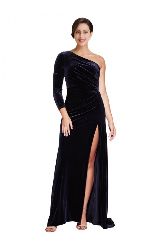 Azul marina oscuro línea A Un Hombre Barrer tren Terciopelo Elástico Largo Formales Vestidos de dama de honor / Vestidos de fiesta Fábrica