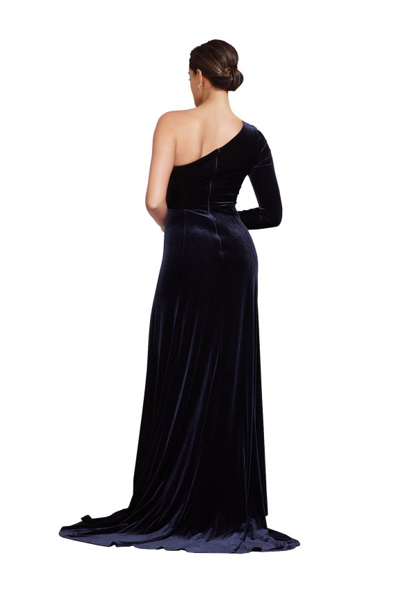 Azul marina oscuro línea A Un Hombre Barrer tren Terciopelo Elástico Largo Formales Vestidos de dama de honor / Vestidos de fiesta Fábrica