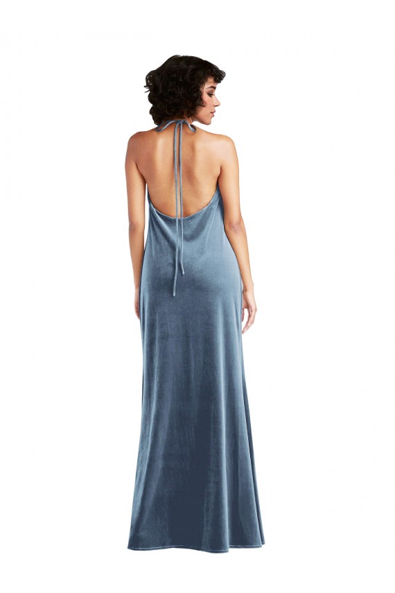 Azul polvoriento Cubierta Terciopelo Elástico Largo Vestidos de dama de honor / Vestidos de fiesta Fábrica