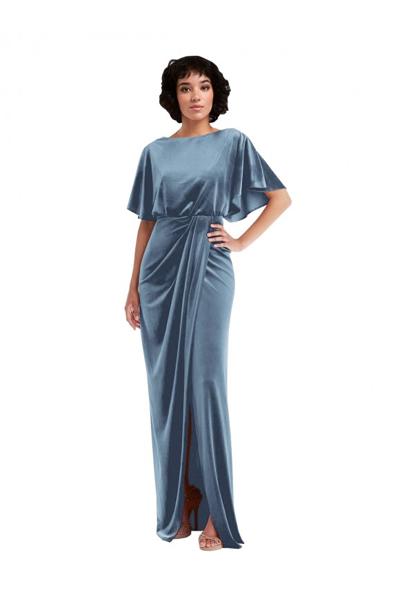 Azul polvoriento Cubierta Terciopelo Elástico Largo Vestidos de dama de honor / Vestidos de fiesta Fábrica