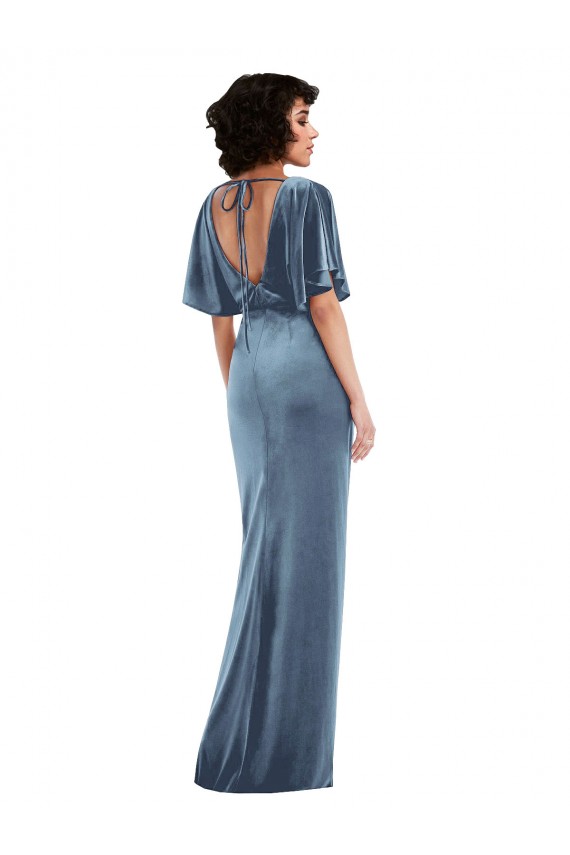 Azul polvoriento Cubierta Terciopelo Elástico Largo Vestidos de dama de honor / Vestidos de fiesta Fábrica