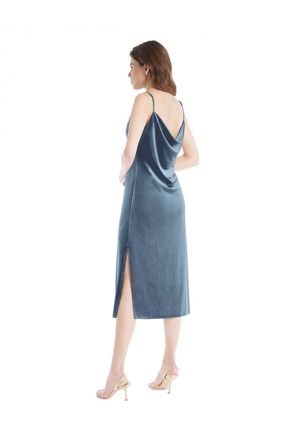 Azul polvoriento Cubierta Un Hombre Terciopelo Elástico Largo Vestidos de dama de honor / Vestidos de fiesta Fábrica