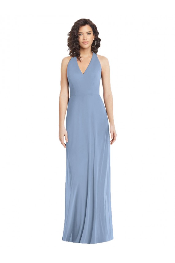Azul polvoriento Trompeta Halter Cuello en V Gasa Largo Formales Vestidos de dama de honor / Vestidos de noche Fábrica