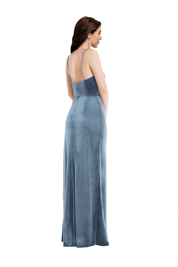 Azul polvoriento Trompeta Tirantes espagueti Terciopelo Elástico Largo Formales Vestidos de dama de honor / Vestidos de fiesta Fábrica