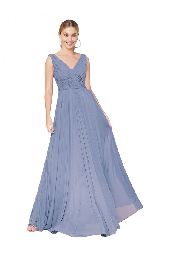 Azul polvoriento línea A Cuello en V Cuello Alto Gasa Largo Formales Vestidos de dama de honor / Vestidos de fiesta Fábrica