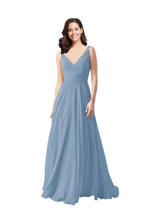 Azul polvoriento línea A Cuello en V Gasa Largo Vestidos de dama de honor Fábrica