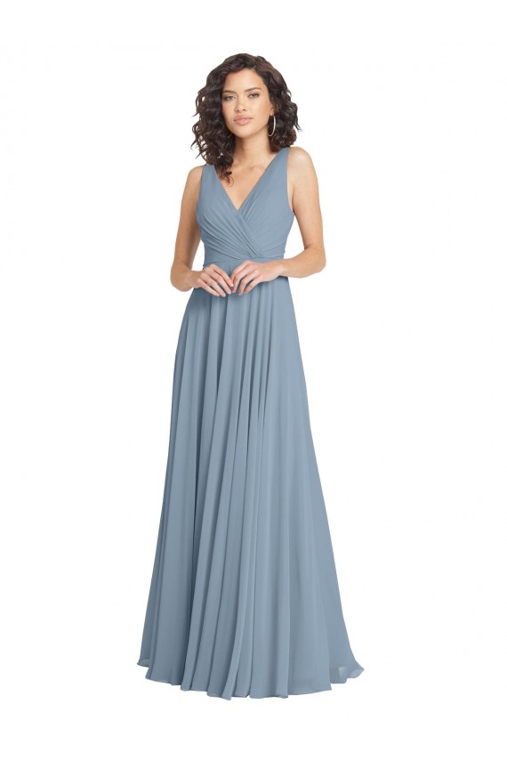 Azul polvoriento línea A Cuello en V Gasa Largo Vestidos de dama de honor Fábrica
