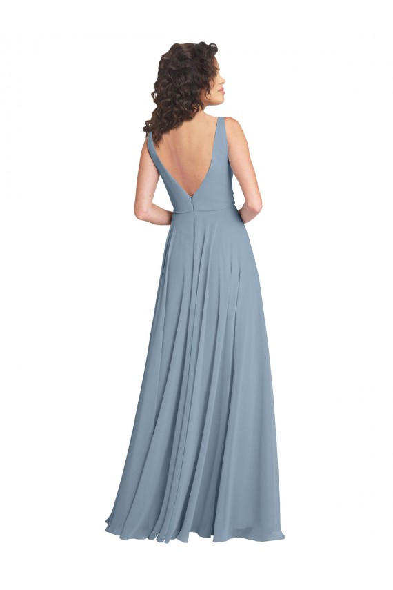 Azul polvoriento línea A Cuello en V Gasa Largo Vestidos de dama de honor Fábrica