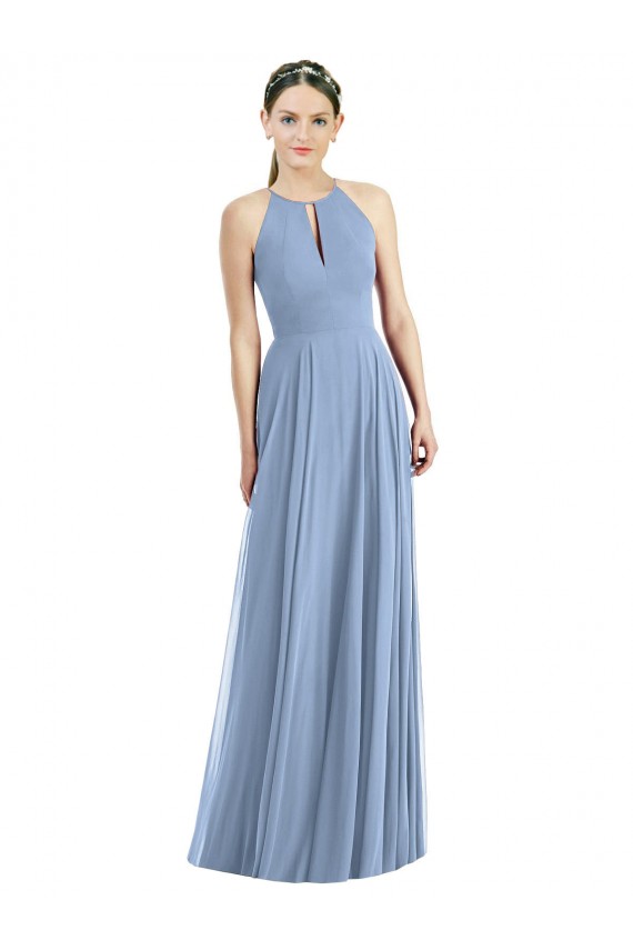 Azul polvoriento línea A Halter Gasa Largo Vestidos de dama de honor Fábrica