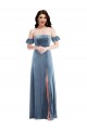 Azul polvoriento línea A Hombros Descubiertos Terciopelo Elástico Largo Vestidos de dama de honor / Vestidos de fiesta Fábrica