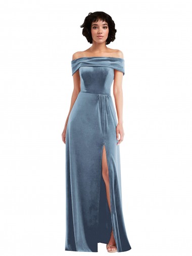 Azul polvoriento línea A Hombros Descubiertos Terciopelo Elástico Largo Vestidos de dama de honor / Vestidos de fiesta Fábrica