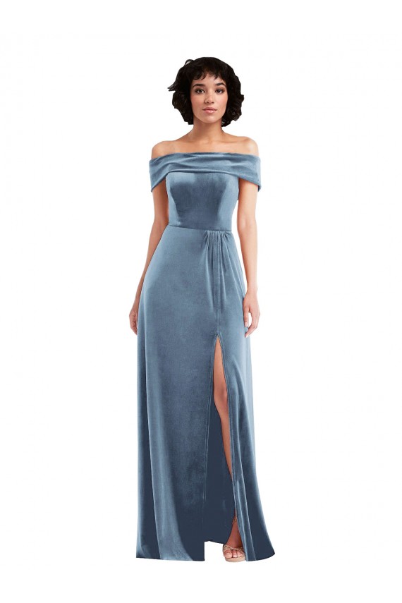 Azul polvoriento línea A Hombros Descubiertos Terciopelo Elástico Largo Vestidos de dama de honor / Vestidos de fiesta Fábrica