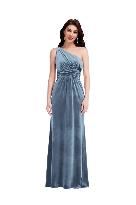 Azul polvoriento línea A Hombros Descubiertos Terciopelo Elástico Largo Vestidos de dama de honor / Vestidos de fiesta Fábrica