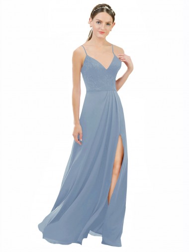 Azul polvoriento línea A Tirantes espagueti Cuello en V Gasa Encaje Largo Vestidos de dama de honor Fábrica