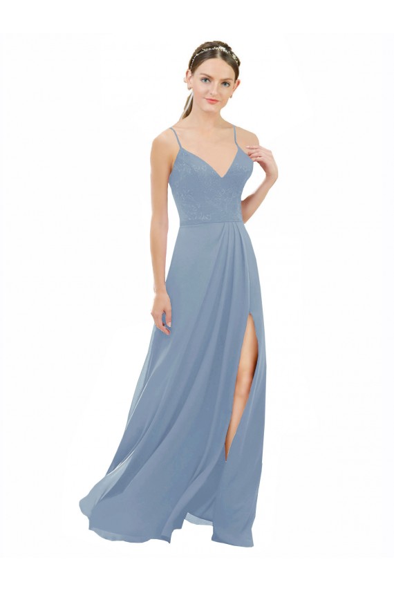 Azul polvoriento línea A Tirantes espagueti Cuello en V Gasa Encaje Largo Vestidos de dama de honor Fábrica