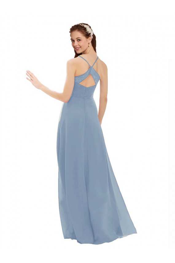 Azul polvoriento línea A Tirantes espagueti Cuello en V Gasa Encaje Largo Vestidos de dama de honor Fábrica