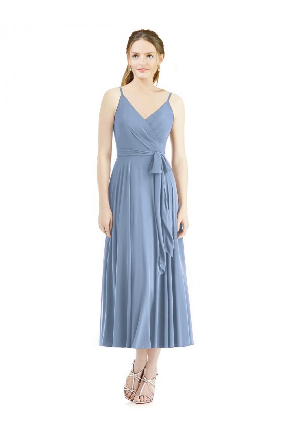 Azul polvoriento línea A Tirantes espagueti Gasa Corto Vestidos de dama de honor Fábrica
