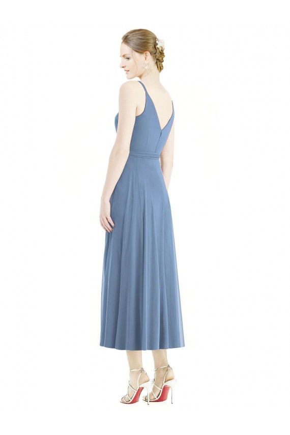 Azul polvoriento línea A Tirantes espagueti Gasa Corto Vestidos de dama de honor Fábrica