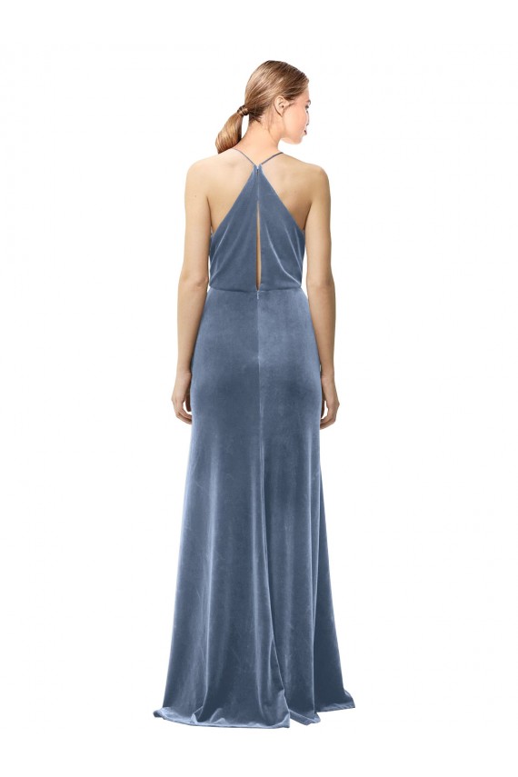 Azul polvoriento línea A Tirantes espagueti Halter Terciopelo Elástico Largo Vestidos de dama de honor / Vestidos de fiesta Fábrica