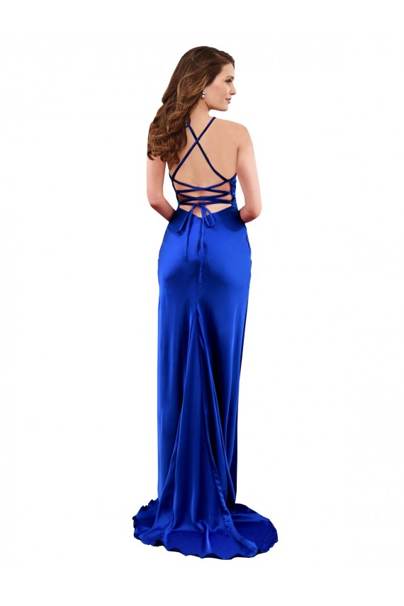 Azul real Cubierta Satén sedoso Largo Formales Vestidos de dama de honor / Vestidos de fiesta Fábrica