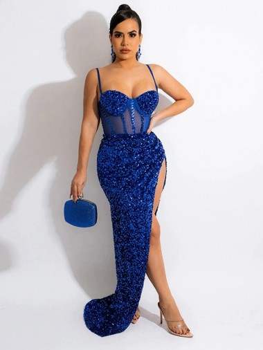 Azul real Cubierta Tirantes espagueti Barrer tren Lentejuelas Terciopelo Largo Vestidos de fiesta Fábrica