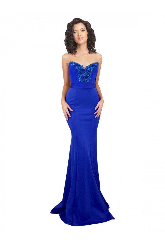 Azul real Sirena Cuello Alto Crepé Elástico Largo Formales Vestidos de dama de honor / Vestidos de fiesta Fábrica
