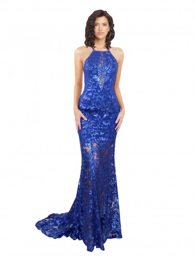 Azul real Sirena Cuello Alto Encaje Largo Vestidos de dama de honor / Vestidos de fiesta Fábrica