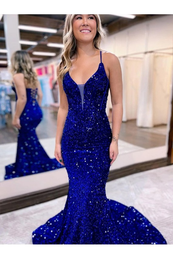 Azul real Sirena Cuello en V Cola corte Lentejuelas Terciopelo Largo Vestidos de fiesta Fábrica
