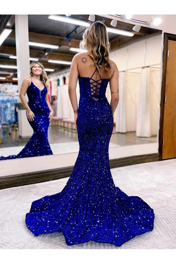 Azul real Sirena Cuello en V Cola corte Lentejuelas Terciopelo Largo Vestidos de fiesta Fábrica