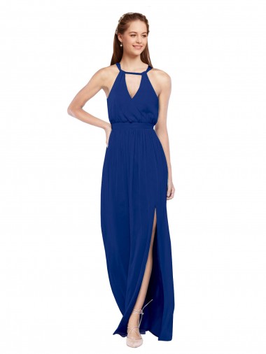 Azul real línea A Cuello Alto Gasa Largo Vestidos de dama de honor Fábrica