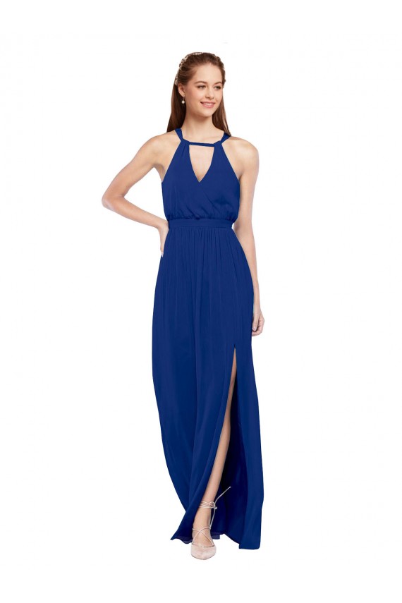 Azul real línea A Cuello Alto Gasa Largo Vestidos de dama de honor Fábrica