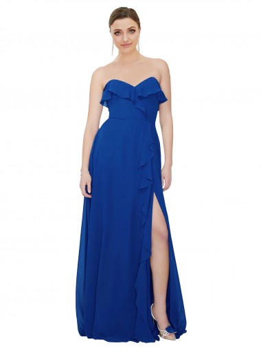 Azul real línea A Cuello de Corazón Sin tirantes Gasa Largo Vestidos de dama de honor Fábrica