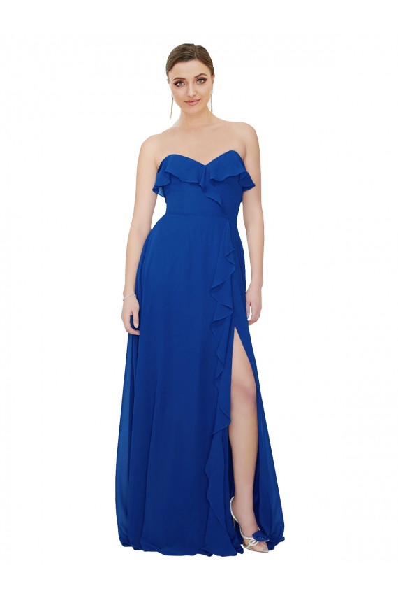 Azul real línea A Cuello de Corazón Sin tirantes Gasa Largo Vestidos de dama de honor Fábrica