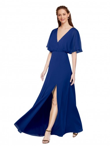 Azul real línea A Cuello en V Gasa Largo Vestidos de dama de honor Fábrica