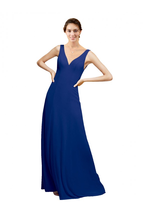 Azul real línea A Cuello en V Gasa Largo Vestidos de dama de honor Fábrica