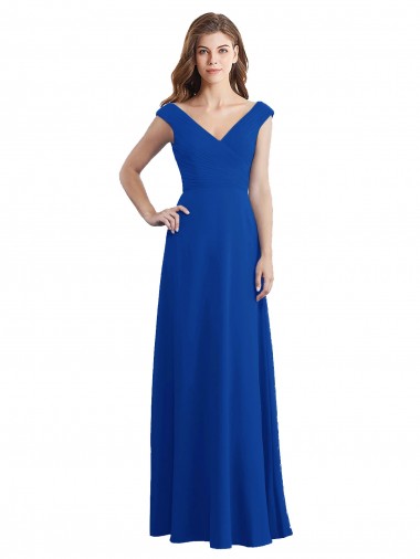 Azul real línea A Cuello en V Gasa Largo Vestidos de dama de honor Fábrica