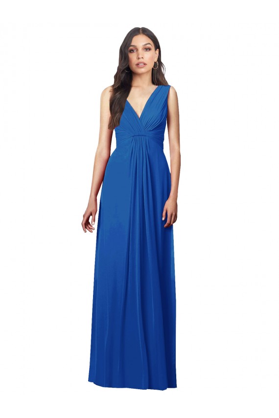 Azul real línea A Cuello en V Gasa Largo Vestidos de dama de honor Fábrica