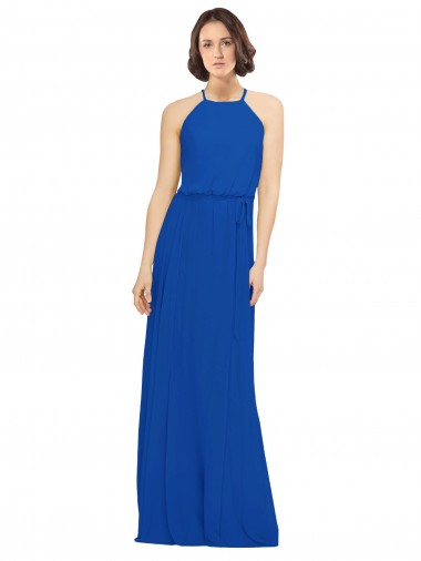 Azul real línea A Cuello joya Gasa Largo Vestidos de dama de honor Fábrica